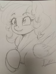 Size: 1555x2048 | Tagged: safe, artist:thelunarmoon, derpy hooves, pegasus, pony, g4, eyebrows, eyebrows visible through hair, female, grayscale, mare, monochrome, pencil drawing, smiling, solo, traditional art