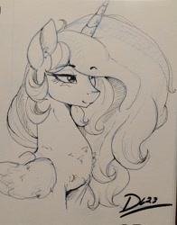 Size: 1608x2048 | Tagged: safe, artist:thelunarmoon, princess celestia, alicorn, pony, g4, chest fluff, eyebrows, eyebrows visible through hair, female, lidded eyes, mare, monochrome, smiling, solo, traditional art