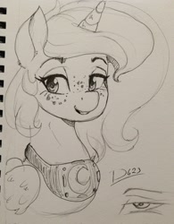 Size: 1597x2048 | Tagged: safe, artist:thelunarmoon, princess luna, pony, unicorn, g4, female, freckles, freckluna, grayscale, lidded eyes, mare, monochrome, s1 luna, smiling, solo, traditional art