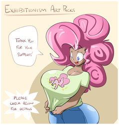 Size: 1871x1969 | Tagged: safe, artist:sanders, pinkie pie, human, art pack:we don't normally wear clothes, g4, big breasts, breasts, busty pinkie pie, clothes, curvy, dark skin, denim, dialogue, explicit description, female, gravity-defying breasts, hourglass figure, huge breasts, humanized, impossibly large hair, jeans, looking down, moderate dark skin, open mouth, open smile, pants, shirt, smiling, solo, speech bubble