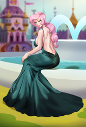 Size: 1381x2048 | Tagged: safe, artist:thebrokencog, fluttershy, human, g4, backless, beautiful, breasts, busty fluttershy, canterlot, castle, clothes, cog's glamour girls, commission, dress, elegant, female, fountain, gown, graceful, green dress, hand on knee, hand on leg, humanized, jewelry, looking at you, open-back dress, side view, sideboob, sitting, solo