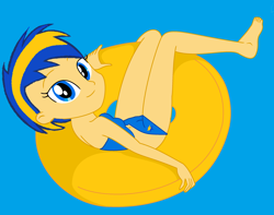 Size: 2800x2208 | Tagged: safe, artist:mlpfan3991, oc, oc only, oc:flare spark, human, equestria girls, g4, bikini, bikini bottom, bikini top, blue background, clothes, female, high res, inflatable, inner tube, legs, looking at you, pool toy, pose, simple background, solo, summer, swimsuit, water