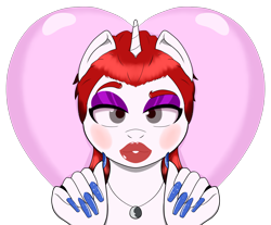 Size: 4856x4020 | Tagged: safe, artist:realgero, oc, oc only, unicorn, anthro, commission, eyelashes, fingernails, jewelry, lips, lipstick, long nails, makeup, necklace, simple background, solo, transparent background