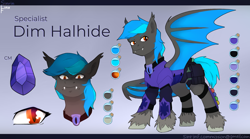 Size: 2700x1500 | Tagged: safe, artist:sinrinf, oc, oc only, oc:dim halhide, bat pony, pegasus, pony, alchemy, armor, bag, commission, gradient background, night guard, reference sheet, saddle bag, solo, ych result