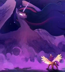Size: 4500x5000 | Tagged: safe, artist:mraiden8, sunny starscout, twilight sparkle, alicorn, earth pony, pony, g5, absurd resolution, butt, duo, ethereal mane, female, glowing, glowing eyes, glowing horn, horn, mare, older, older twilight, older twilight sparkle (alicorn), plot, princess twilight 2.0, race swap, reference, spread wings, sunny and her heroine, sunnycorn, the lion king, twilight sparkle (alicorn), wings