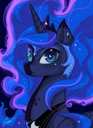 Size: 1286x1769 | Tagged: safe, artist:midna77, nightmare moon, princess luna, alicorn, pony, g4, blue eyes, blue mane, blue tail, bust, counterparts, crescent moon, crown, digital art, ethereal mane, ethereal tail, eyeshadow, feather, female, flowing mane, flowing tail, folded wings, helmet, horn, jewelry, looking at you, makeup, mare, moon, moon eyes, night, nightmare luna, peytral, portrait, regalia, signature, solo, sparkles, starry mane, starry tail, stars, tail, two sides, wingding eyes, wings