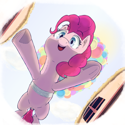 Size: 2560x2560 | Tagged: safe, artist:gorebox, pinkie pie, earth pony, pony, g4, balloon, eyebrows, eyebrows visible through hair, floating, frog (hoof), halftone, high res, low angle, open mouth, open smile, smiling, solo, then watch her balloons lift her up to the sky, underhoof
