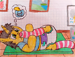 Size: 3890x2983 | Tagged: safe, artist:bitter sweetness, oc, oc only, oc:bitter sweetness, pony, unicorn, abdl, adult foal, clothes, diaper, diaper fetish, diapered, fetish, graph paper, green eyes, high res, hoof sucking, hooves, horn, imagining, male, non-baby in diaper, pacifier, playmat, simple background, smiling, socks, striped socks, thought bubble, traditional art, white background, wooden floor