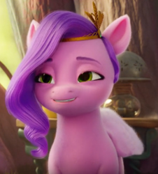 Size: 588x651 | Tagged: safe, screencap, pipp petals, pegasus, pony, g5, my little pony: a new generation, spoiler:my little pony: a new generation, cropped, ears, female, grin, mare, reaction image, smiling, smug, solo