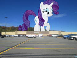 Size: 2048x1536 | Tagged: safe, anonymous editor, artist:dashiesparkle, edit, rarity, pony, unicorn, g4, eyeshadow, female, giant pony, giantess, highrise ponies, honesdale, irl, lidded eyes, looking down, macro, makeup, mare, pennsylvania, photo, ponies in real life, raised hoof, smiling, solo, walmart