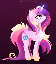 Size: 2223x2525 | Tagged: safe, artist:red_tsukini, princess cadance, alicorn, pony, g4, chest fluff, concave belly, crown, cute, digital art, ear fluff, feather, female, folded wings, glowing, glowing horn, happy, high res, hoof shoes, horn, jewelry, long tail, looking up, magic, mare, multicolored mane, multicolored tail, peytral, princess of love, purple background, purple eyes, regalia, sideways, signature, simple background, slender, smiling, solo, tail, thin, wings