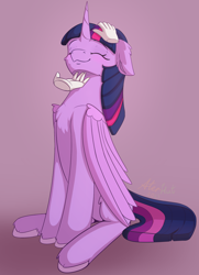 Size: 1450x2000 | Tagged: safe, artist:aterhut, twilight sparkle, alicorn, human, pony, g4, behaving like a cat, chest fluff, cute, disembodied hand, ear fluff, eyes closed, female, floppy ears, folded wings, hand, hooves, human on pony petting, large wings, mare, petting, sitting, smiling, twiabetes, twilight sparkle (alicorn), unshorn fetlocks, wings