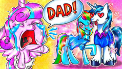 Size: 686x386 | Tagged: safe, artist:annie korea, princess flurry heart, rainbow dash, shining armor, alicorn, pegasus, pony, unicorn, g4, baby, baby pony, clothes, crying, dress, elsagate, female, heart, heart eyes, infidelity, infidelity armor, male, overwatch, rainbow dash always dresses in style, sad, shiningdash, shipping, straight, tongue out, tracer, wat, wingding eyes, youtube link
