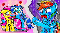 Size: 686x386 | Tagged: safe, artist:annie korea, fluttershy, rainbow dash, soarin', pegasus, pony, g4, crying, elsagate, female, heartbreak, implied shipping, implied soarindash, implied straight, love triangle, male, mare, shipping, soarinshy, stallion, straight, tongue out, wat, youtube link
