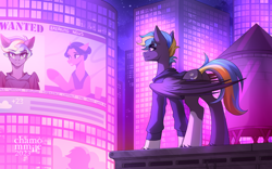Size: 2560x1600 | Tagged: safe, artist:chamommile, oc, oc only, oc:tornado turbulence, pegasus, pony, breaking news, city, clothes, full body, grey skin, looking at each other, looking at someone, news, night, pegasus oc, purple eyes, roof, rooftop, skyscraper, smiling, smiling at each other, solo, wanted, wanted poster