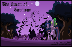 Size: 1042x682 | Tagged: safe, artist:dendoctor, nightmare moon, spike, twilight sparkle, alicorn, bat, dragon, pony, unicorn, comic:queen of tartarus, g4, butt, dragons riding ponies, female, male, mare, moon, night, plot, ponyville, riding, spike riding twilight, tree