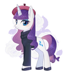 Size: 900x1000 | Tagged: safe, artist:hosikawa, rarity, pony, unicorn, g4, beatnik rarity, beret, clothes, female, hat, hoof shoes, looking at you, mare, simple background, smiling, solo, sweater, white background