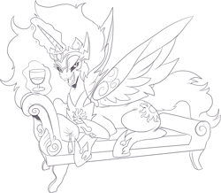 Size: 1443x1260 | Tagged: safe, artist:nauyaco, daybreaker, alicorn, pony, g4, alcohol, armor, fainting couch, female, hoof shoes, magic, mane of fire, mare, monochrome, peytral, simple background, solo, telekinesis, white background, wine