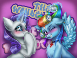 Size: 2500x1885 | Tagged: safe, artist:polnocnykot, rainbow dash, rarity, pegasus, pony, unicorn, g4, arm behind head, blue eyes, blushing, bolt, chest fluff, choker, curly hair, cute, detailed, detailed hair, duo, duo female, ear fluff, ear piercing, earring, element of loyalty, elements of harmony, female, flushed face, funny, glowing, glowing horn, graffiti, grooming, hair curlers, horn, jewelry, laughing, magic, magic aura, necklace, one eye closed, pearl necklace, piercing, shy, smiling, teeth, wings
