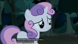 Size: 1533x863 | Tagged: safe, edit, edited screencap, screencap, sweetie belle, pony, unicorn, appleoosa's most wanted, g4, caption, concerned, female, filly, foal, forest, meme, solo, youtube caption