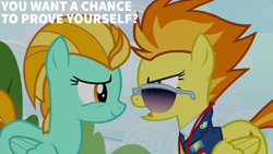 Size: 2000x1125 | Tagged: safe, edit, edited screencap, editor:quoterific, screencap, lightning dust, spitfire, pegasus, pony, g4, wonderbolts academy, clothes, cloud, looking at someone, looking at you, necktie, open mouth, smiling, smirk, spitfire's tie, sunglasses, uniform, wonderbolts dress uniform