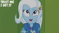 Size: 2000x1125 | Tagged: safe, edit, edited screencap, editor:quoterific, screencap, trixie, human, equestria girls, equestria girls specials, g4, my little pony equestria girls: better together, my little pony equestria girls: forgotten friendship, lockers, solo