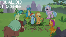 Size: 2000x1125 | Tagged: safe, edit, edited screencap, editor:quoterific, screencap, applejack, gallus, ocellus, rainbow dash, sandbar, silverstream, smolder, yona, dragon, earth pony, griffon, hippogriff, pegasus, pony, yak, g4, non-compete clause, butt, plot, student six