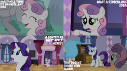 Size: 2000x1125 | Tagged: safe, edit, edited screencap, editor:quoterific, screencap, rarity, sweetie belle, pony, unicorn, g4, sisterhooves social, belle sisters, carousel boutique, female, filly, foal, magic, mannequin, mare, siblings, sisters, sitting