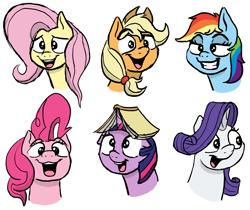 Size: 1782x1497 | Tagged: safe, artist:doodledonutart, applejack, fluttershy, pinkie pie, rainbow dash, rarity, twilight sparkle, alicorn, earth pony, pegasus, pony, unicorn, g4, book, book on head, bust, female, grin, lidded eyes, mane six, mare, open mouth, open smile, silly, smiling, that pony sure does love books, twilight sparkle (alicorn)