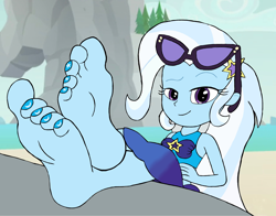 Size: 3024x2370 | Tagged: safe, artist:zeekthatgeek, trixie, human, equestria girls, g4, barefoot, beach, bikini, clothes, crossed legs, eyebrows, feet, feet up, female, fetish, foot fetish, foot focus, high res, looking at you, nail art, nail polish, raised eyebrow, smiling, smiling at you, soles, solo, sunglasses, swimsuit, toenail polish, toenails, toes