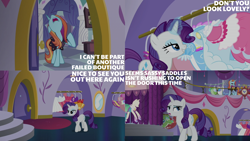 Size: 2000x1125 | Tagged: safe, edit, edited screencap, editor:quoterific, screencap, rarity, sassy saddles, pony, unicorn, canterlot boutique, g4, canterlot carousel, clothes, dress, mannequin