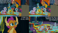 Size: 2000x1125 | Tagged: safe, edit, edited screencap, editor:quoterific, screencap, gallus, ocellus, sandbar, silverstream, smolder, yona, changeling, dragon, earth pony, griffon, hippogriff, pony, yak, g4, uprooted, cave, paint, paint bucket, sapling, student six