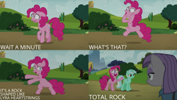 Size: 2000x1125 | Tagged: safe, edit, edited screencap, editor:quoterific, screencap, lyra heartstrings, maud pie, pinkie pie, earth pony, pony, unicorn, g4, rock solid friendship, bipedal, female, mare