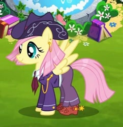 Size: 486x502 | Tagged: safe, gameloft, fluttershy, g4, official, book, boots, clothes, hat, outfit, shoes, solo, suit, video game