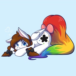 Size: 2048x2048 | Tagged: safe, artist:mscolorsplash, oc, oc only, oc:color splash, pegasus, pony, blue background, bow, eyebrows, eyebrows visible through hair, female, high res, looking at you, lying down, mare, prone, rainbow tail, simple background, solo, tail, tail bow