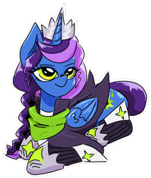 Size: 1046x1225 | Tagged: safe, artist:yamston, oc, oc only, oc:princess nova(ltd), alicorn, pony, fanfic:living the dream, alicorn oc, blue coat, braid, clothes, crown, fanfic art, female, green eyes, horn, jewelry, lying down, mare, parent:oc:frederic bourdages, parent:princess luna, parents:canon x oc, prone, regalia, scarf, simple background, solo, transparent background, two toned mane, wings