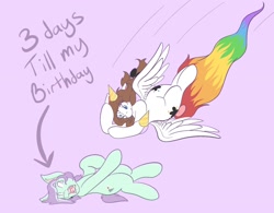 Size: 2048x1595 | Tagged: safe, artist:mscolorsplash, oc, oc only, oc:color splash, oc:mod chi, pegasus, pony, unicorn, do not want, duo, elbow drop, female, hat, lavender background, lying down, mare, on back, open mouth, party hat, purple background, rainbow tail, screaming, simple background, tail