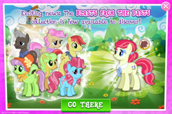 Size: 1962x1301 | Tagged: safe, gameloft, auntie applesauce, burnt oak, cup cake, goldie delicious, happy trails, mayor mare, sew 'n sow, earth pony, pony, g4, my little pony: magic princess, official, advertisement, apple family member, bandana, bow, chiffon swirl, collection, english, facial hair, female, group, hair bow, hair tie, hat, male, mare, mobile game, neckerchief, non-dyed mayor, stallion, text, young auntie applesauce, young burnt oak, young goldie delicious, younger
