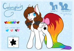 Size: 2048x1423 | Tagged: safe, artist:mscolorsplash, oc, oc only, oc:color splash, pegasus, pony, abstract background, bow, concave belly, female, mare, no pupils, open mouth, open smile, pigtails, rainbow tail, reference sheet, smiling, solo, tail, tail bow, twintails