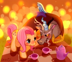 Size: 3500x3000 | Tagged: safe, artist:anndraws, discord, fluttershy, g4, blushing, cup, female, food, high res, looking at each other, looking at someone, male, picnic, romantic, ship:discoshy, shipping, signature, straight, tea, teacup