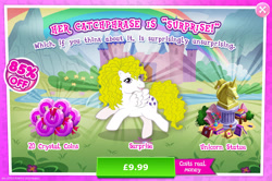 Size: 1957x1300 | Tagged: safe, gameloft, surprise, pegasus, pony, g1, g4, my little pony: magic princess, official, advertisement, book, bush, costs real money, crystal coins, english, female, introduction card, mare, mobile game, numbers, sale, solo, spread wings, statue, text, wings