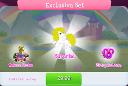 Size: 1266x856 | Tagged: safe, gameloft, surprise, pegasus, pony, g1, g4, my little pony: magic princess, official, book, bundle, bush, costs real money, crystal coins, english, exclusive set, female, mare, mobile game, numbers, sale, solo, spread wings, statue, text, wings