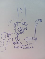 Size: 1536x2048 | Tagged: safe, artist:pony quarantine, oc, oc:littlepip, pony, unicorn, fallout equestria, female, mare, monochrome, solo, thirsty, toilet, traditional art