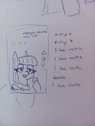 Size: 1536x2048 | Tagged: safe, artist:pony quarantine, maud pie, earth pony, pony, g4, cellphone, female, mare, phone, rock, smartphone, solo, that pony sure does love rocks, traditional art