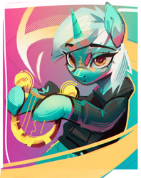 Size: 2298x2900 | Tagged: safe, artist:annna markarova, lyra heartstrings, pony, unicorn, fanfic:background pony, g4, clothes, dig the swell hoodie, female, high res, looking at you, lyre, mare, musical instrument, solo
