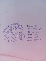 Size: 1536x2048 | Tagged: safe, artist:pony quarantine, oc, oc only, earth pony, pony, unicorn, eyes closed, female, hair tie, hooves behind head, mare, monochrome, mouth hold, sketch, solo, text, traditional art