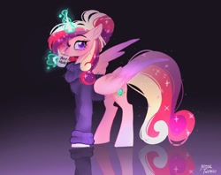 Size: 2048x1620 | Tagged: safe, artist:petaltwinkle, princess cadance, alicorn, pony, g4, alternate hairstyle, clothes, coffee mug, drink, drinking, female, folded wings, glowing, glowing horn, gradient background, hair bun, horn, levitation, looking at you, magic, magic aura, mare, messy mane, mug, reflection, signature, solo, telekinesis, turtleneck, wings