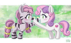 Size: 1114x677 | Tagged: safe, artist:uotapo, skye, sweetie belle, pony, unicorn, zebra, g4, g5, blushing, boop, cute, diasweetes, duo, duo female, emanata, female, filly, foal, looking at each other, looking at someone, open mouth, open smile, raised hoof, smiling, uotapo is trying to murder us