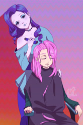 Size: 4208x6384 | Tagged: safe, artist:inkyrose29, fluttershy, rarity, human, equestria girls, g4, absurd resolution, buzzcut, duo, duo female, female, hair clipper, haircut, requested art