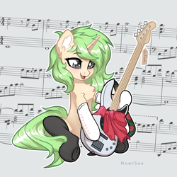 Size: 3200x3200 | Tagged: safe, artist:inowiseei, oc, oc only, oc:c-3301, pony, unicorn, bass guitar, chest fluff, clothes, commission, cute, ear fluff, eyebrows, eyebrows visible through hair, female, guitar, high res, horn, mare, music notes, musical instrument, ocbetes, open mouth, open smile, signature, sitting, smiling, socks, solo, unicorn oc